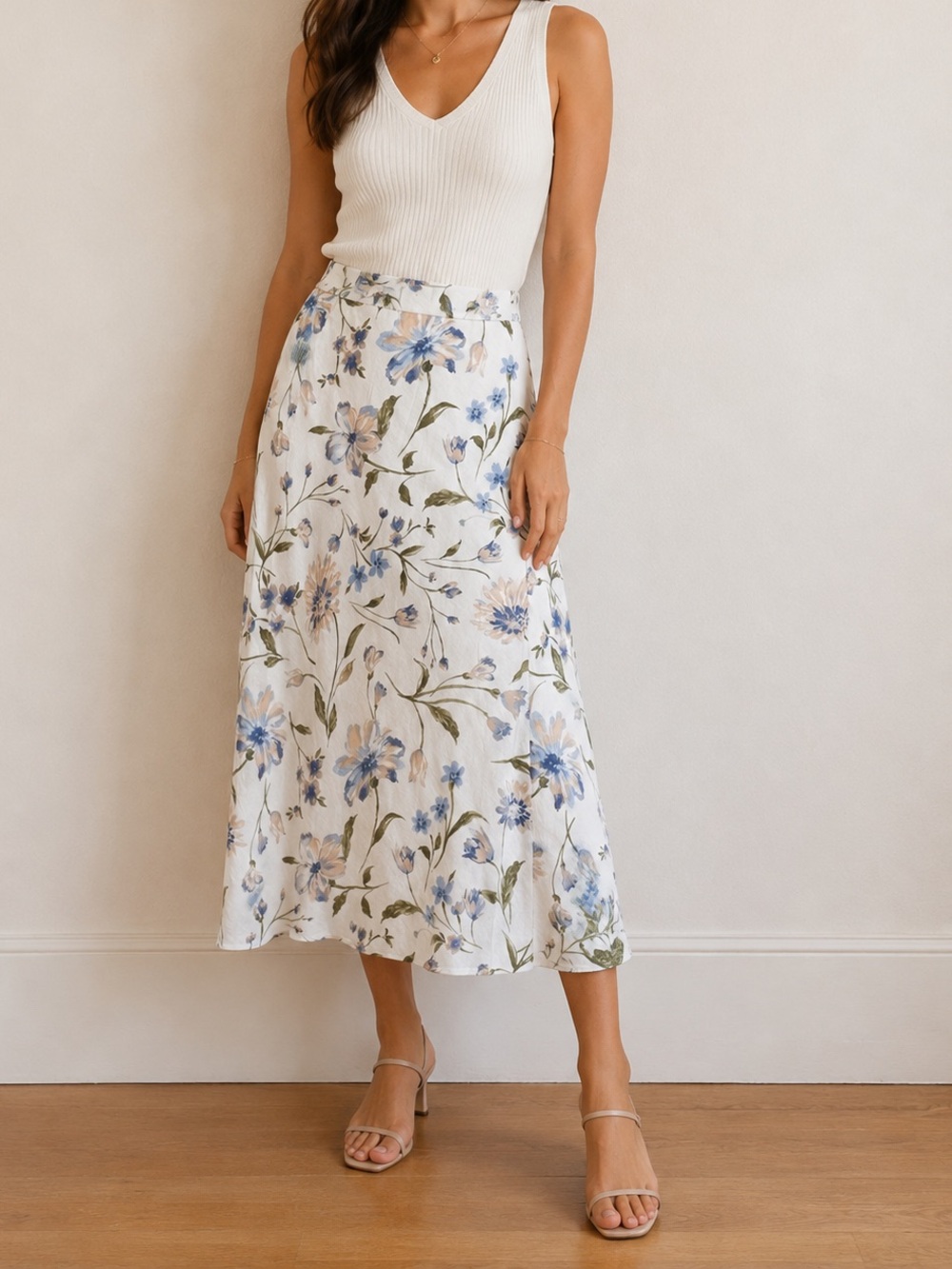 Linen Blend Floral Midi Skirt